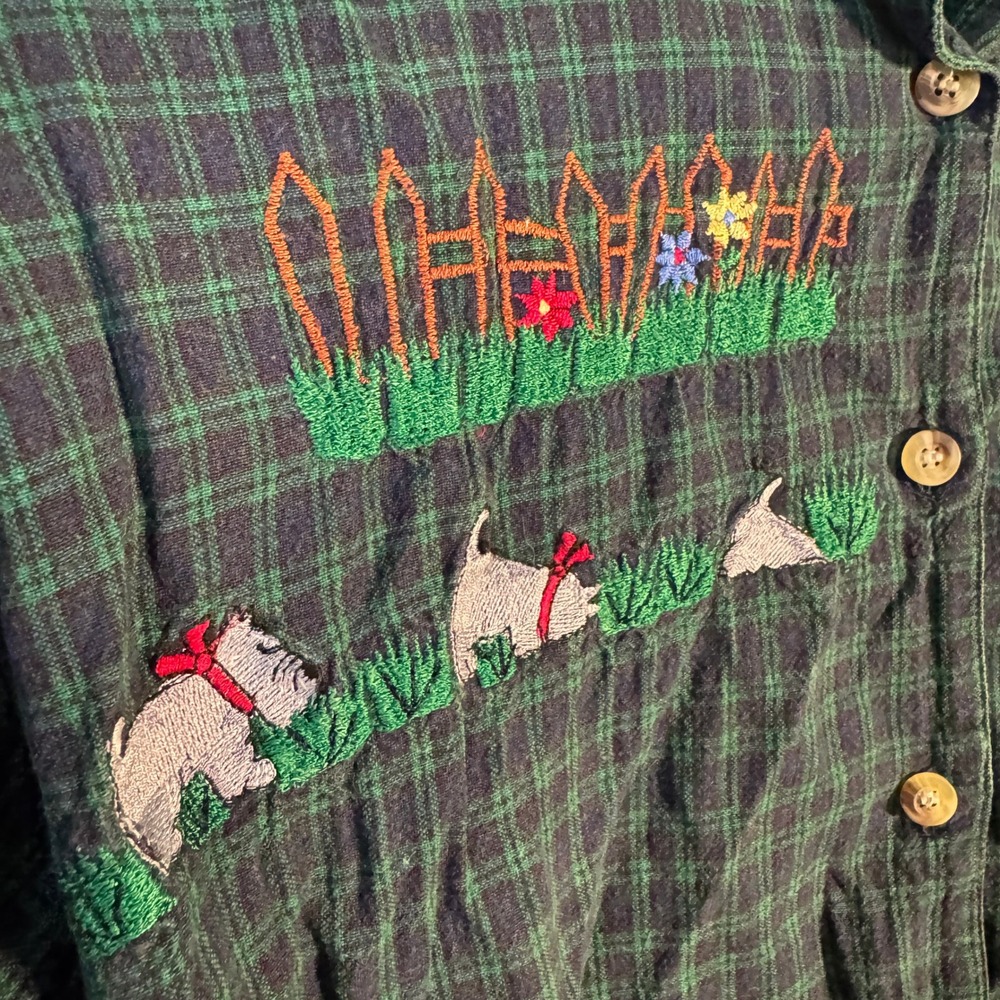 Vtg 90s Embroidery Scottie Dog Plaid Flannel Green Corduroy Cottagecore Farmcore - Picture 3 of 8